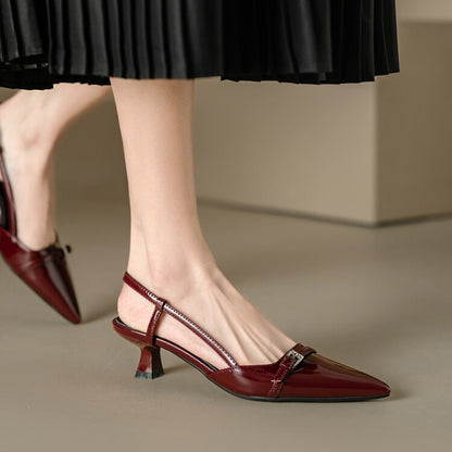 Patent Leather Slip On Pointed Toe Sandals New Summer Womens Dress Shoes Buckle Slingbacks Mid Heel 4