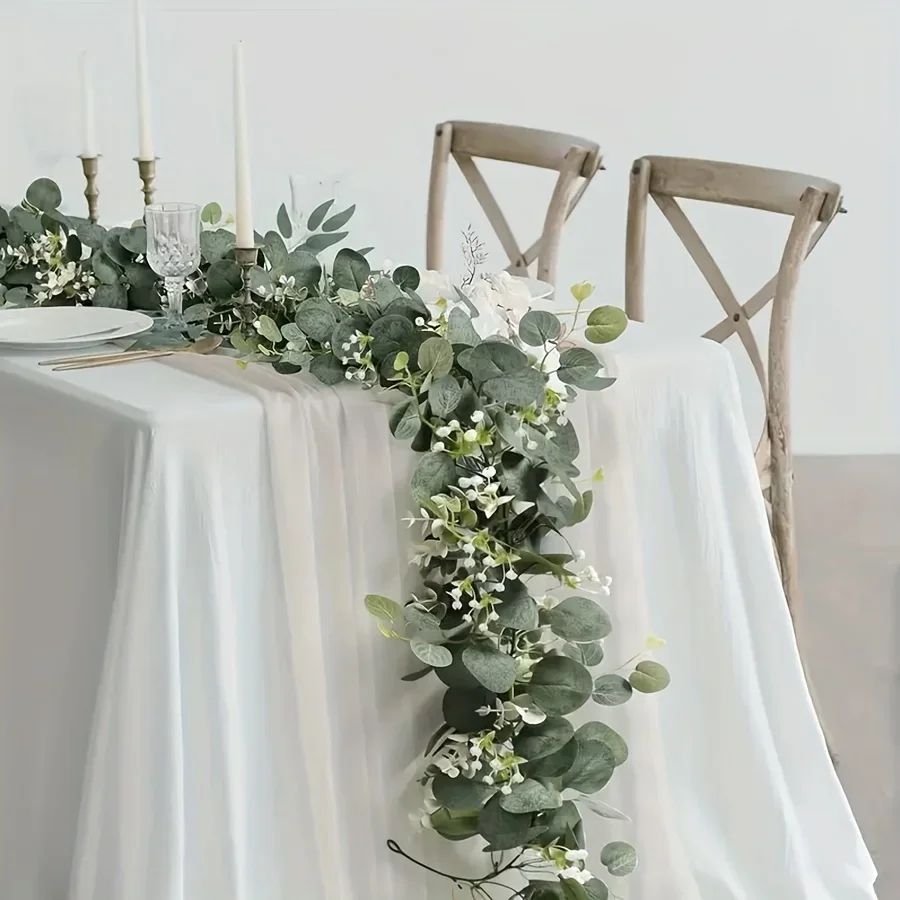 Lush Eucalyptus Garland With White Flowers  708 Artificial Greenery For Home Party  Holiday Decor 2