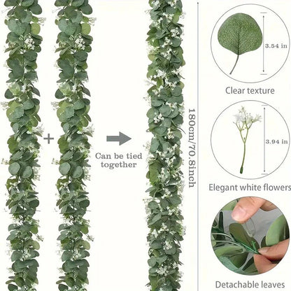 Lush Eucalyptus Garland With White Flowers  708 Artificial Greenery For Home Party  Holiday Decor 3
