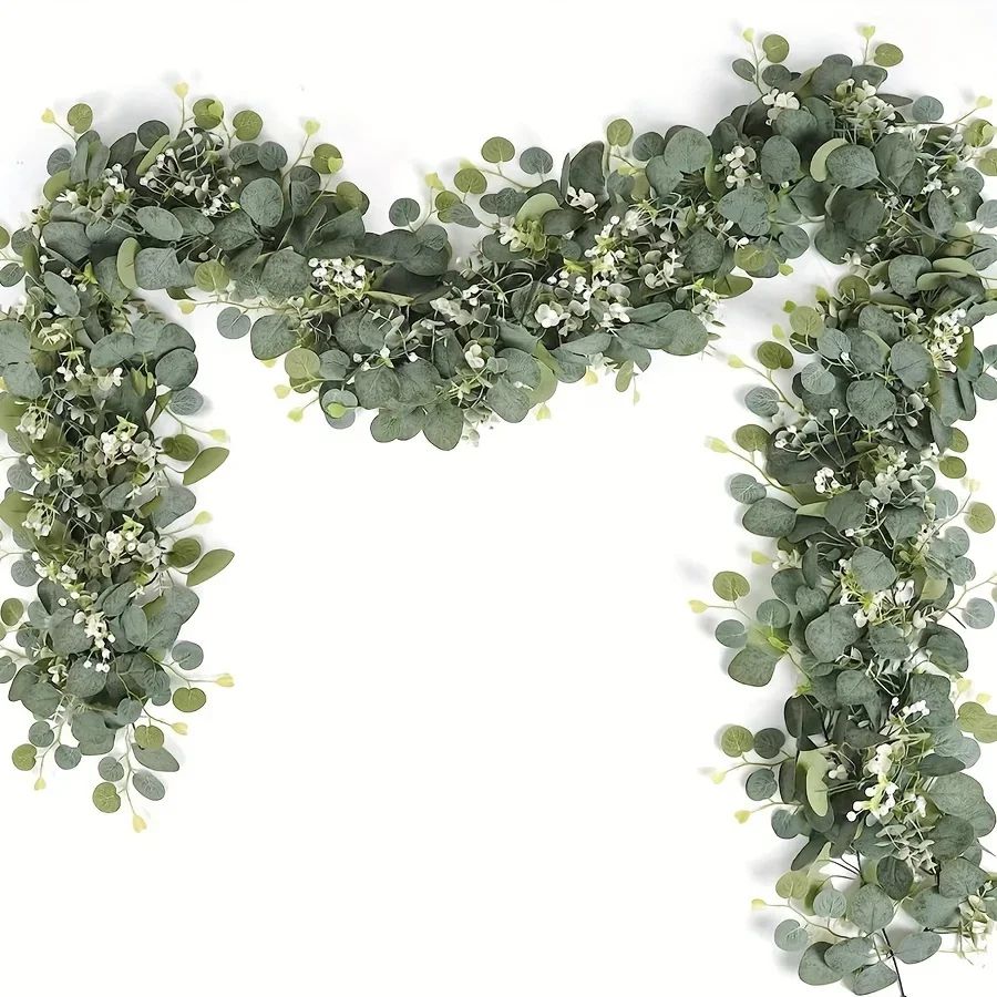 Lush Eucalyptus Garland With White Flowers  708 Artificial Greenery For Home Party  Holiday Decor 12