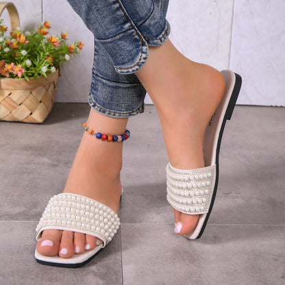 Fashionable Womens Flat Sandals With Rhinestone And Artificial Pearl Decoration Slippers 2