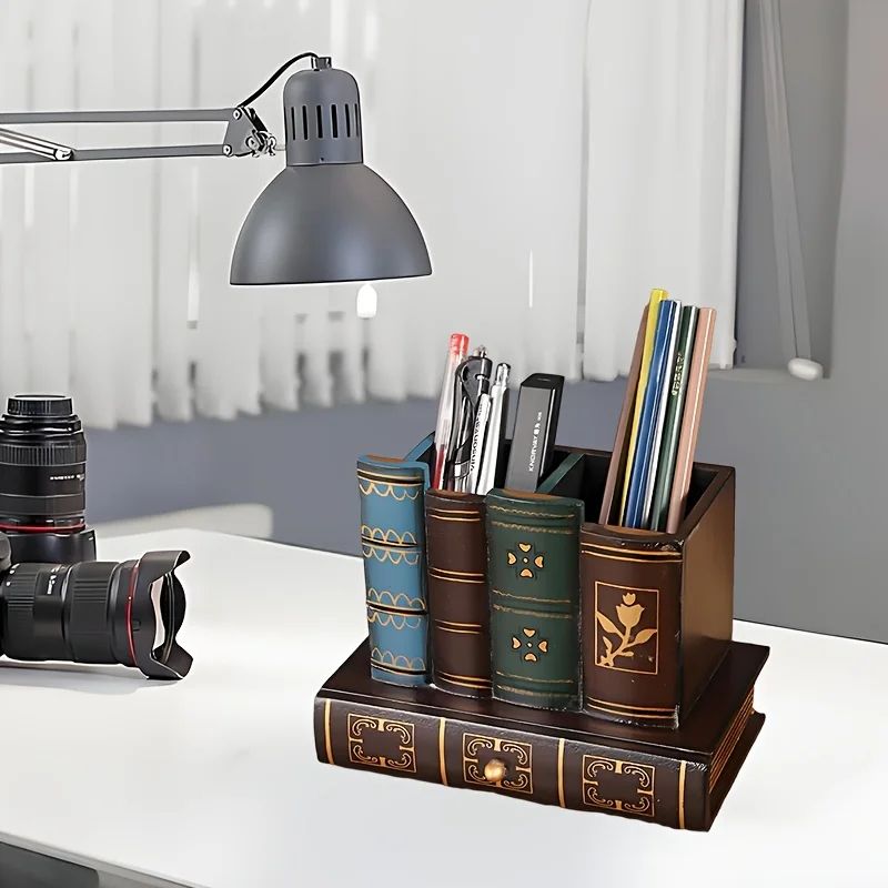 Rustic European Wooden Desk Organizer  Pen Holder Box 1