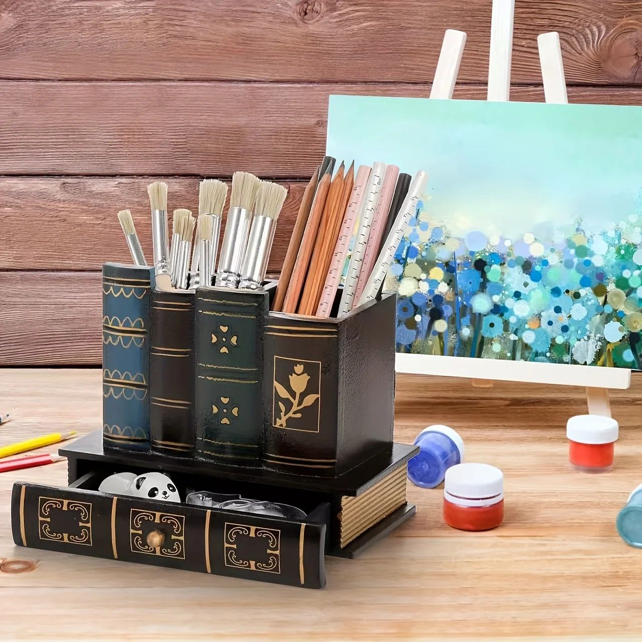 Rustic European Wooden Desk Organizer  Pen Holder Box 4