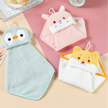 Coral Fleece Animal Hand Towels, Hanging Kid's Bath Towel, Super Absorbent Quick Drying Kitchen Towel