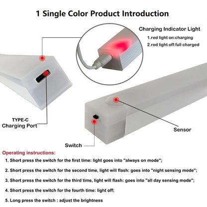 USB Rechargeable Wireless LED Bar Light With Motion Sensor Magnetic Cabinet Night Lamp 6