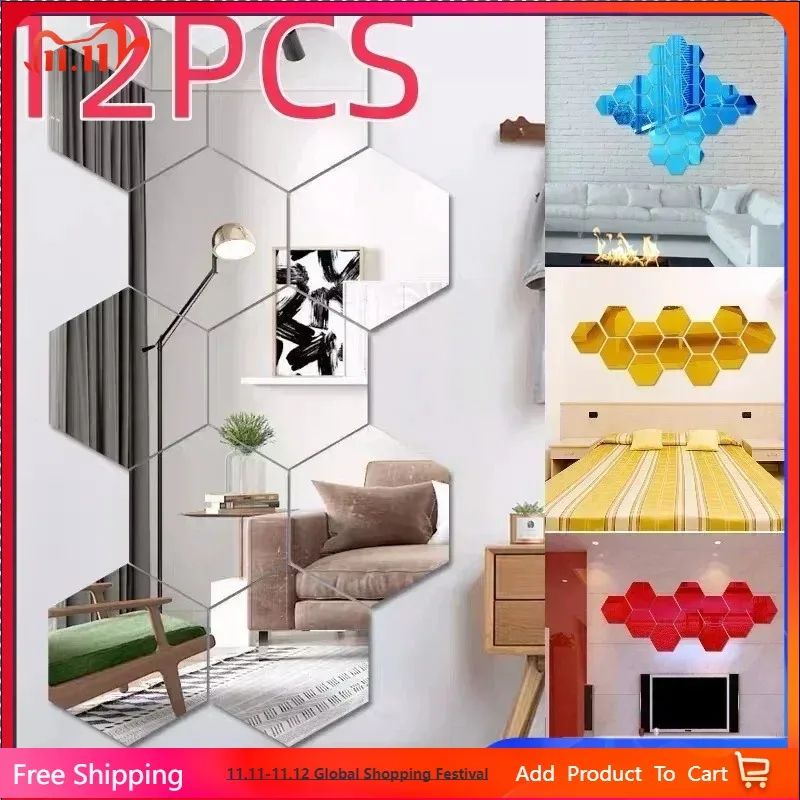 12 Pack Hexagon Acrylic Mirror Wall Stickers DIY Removable Home Decor Art Decals