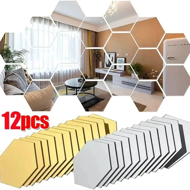 12 Pack Hexagon Acrylic Mirror Wall Stickers DIY Removable Home Decor Art Decals 1