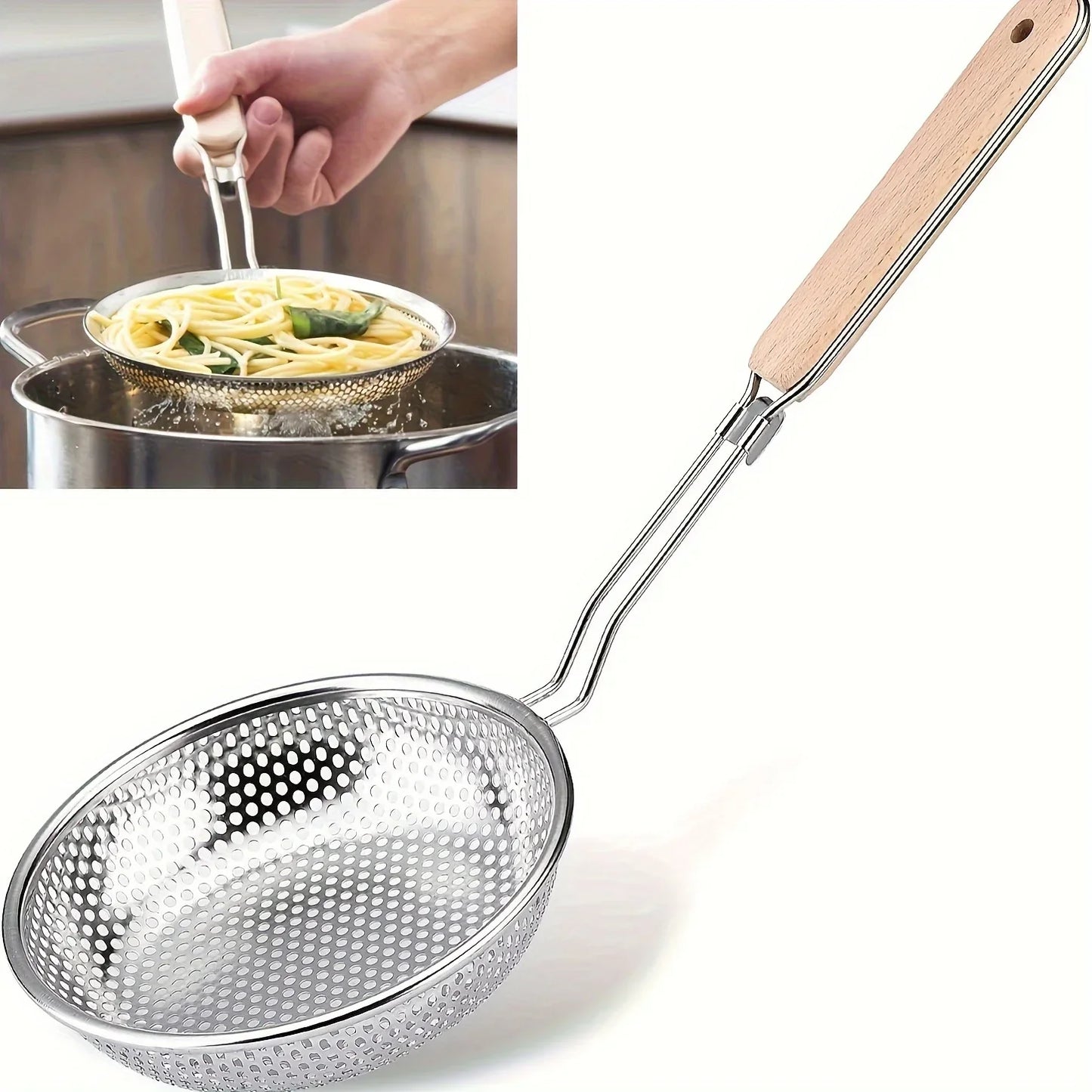 Stainless steel skimmer wooden handle, fine mesh perforated filter kitchen tool for hot pot and grease straining