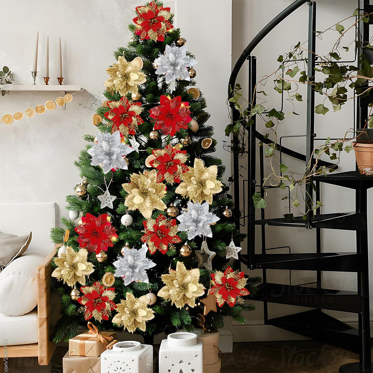 Christmas Glitter Artificial Flowers Christmas Tree Hanging Ornaments Fake Xmas New Year Navidad Gi 3