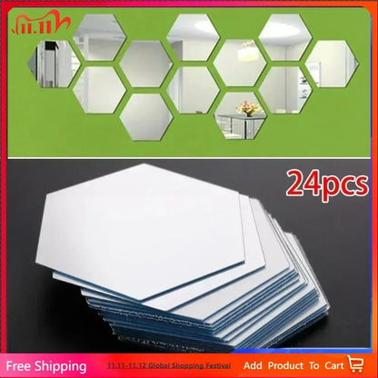 24 Pack Hexagon Acrylic Mirror Stickers Self-Adhesive 3D Wall Mosaic Tiles for Home Decor