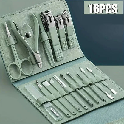 Premium 16-Piece Professional Manicure Set with Precision Cuticle Nippers and Leather Travel Case