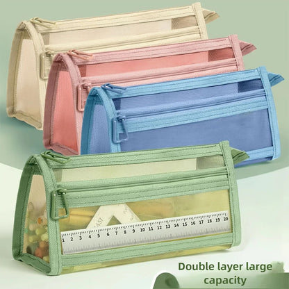 Clear Mesh Pencil Case  DoubleLayer Pencil Pouch  Travel Pen Bag Organizer 2