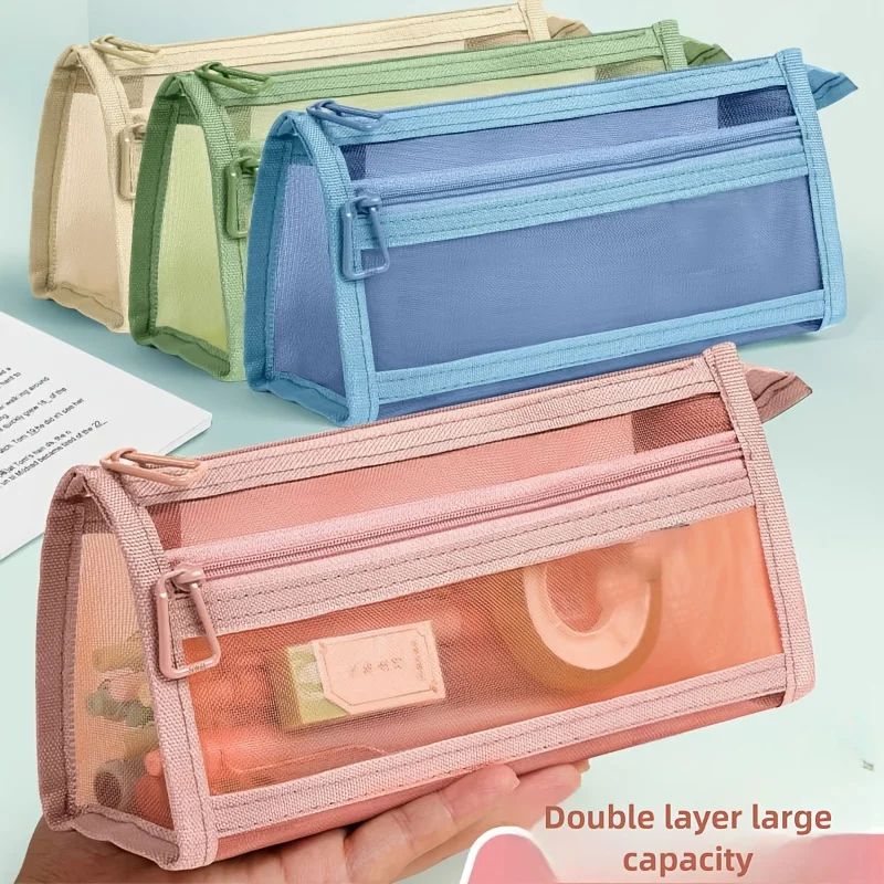 Clear Mesh Pencil Case  DoubleLayer Pencil Pouch  Travel Pen Bag Organizer 4