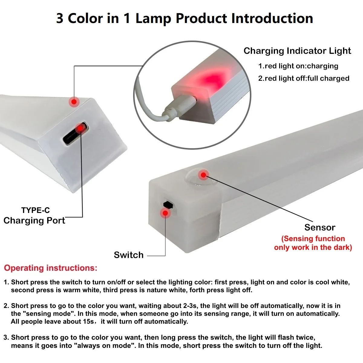 30CM Rechargeable Motion Sensor LED Bar Light Magnetic Cordless Cabinet Lamp 9