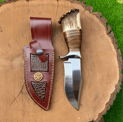 Custom Handmade D2 Steel Hunting Knife | Stag Antler Crown Handle + Leather Sheath | Full Tang 9" Outdoor Survival Knife