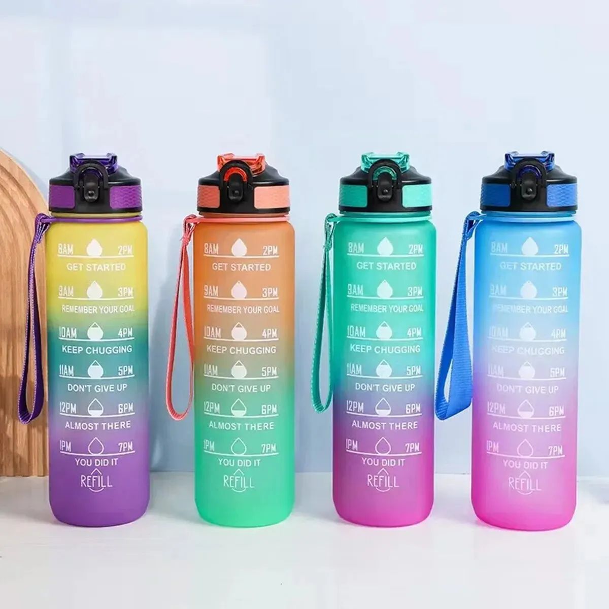 Large-Capacity Gradient 1000 ml Sports Water Bottle with Straw & Time Marker