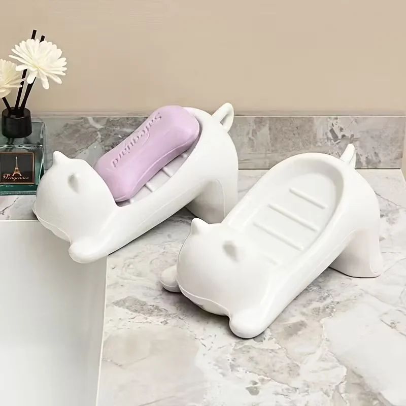Cute CatShaped Soap Dish With Drainage Durable Lightweight Bathroom Shower Holder 2