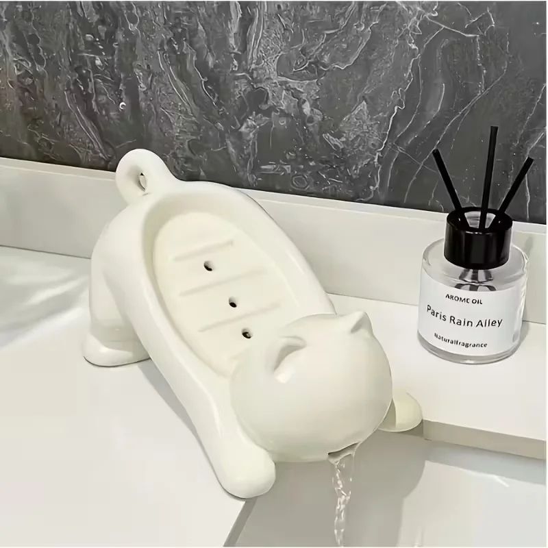 Cute CatShaped Soap Dish With Drainage Durable Lightweight Bathroom Shower Holder 5