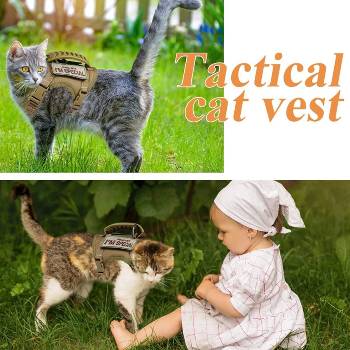Khaki Tactical EscapeProof Cat Walking Vest  Adjustable Leash Set 2