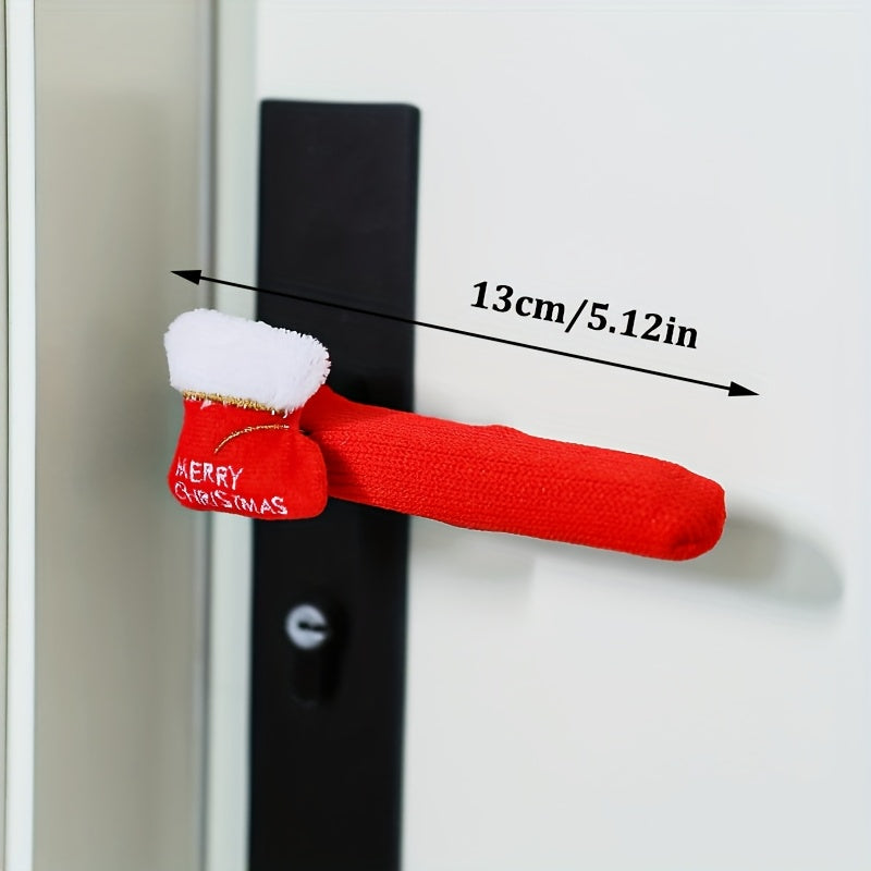 Soft Fabric Christmas Door Knob Cover Festive Santa Claus Decoration With White Fuzzy Face  Red Hat 1