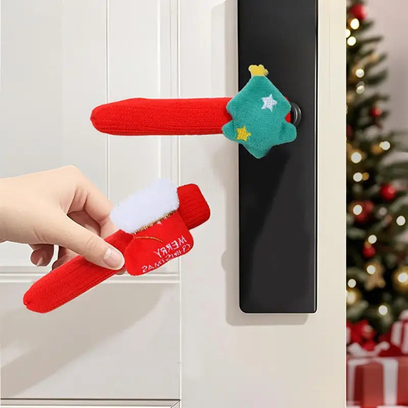 Soft Fabric Christmas Door Knob Cover Festive Santa Claus Decoration With White Fuzzy Face  Red Hat 3