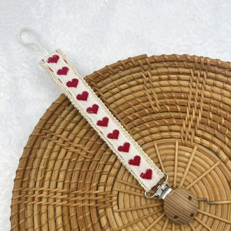 Cute Flower Print Wooden Baby Pacifier Chain Embroidery Love Nipple Holder Guard Teether Pendant 3