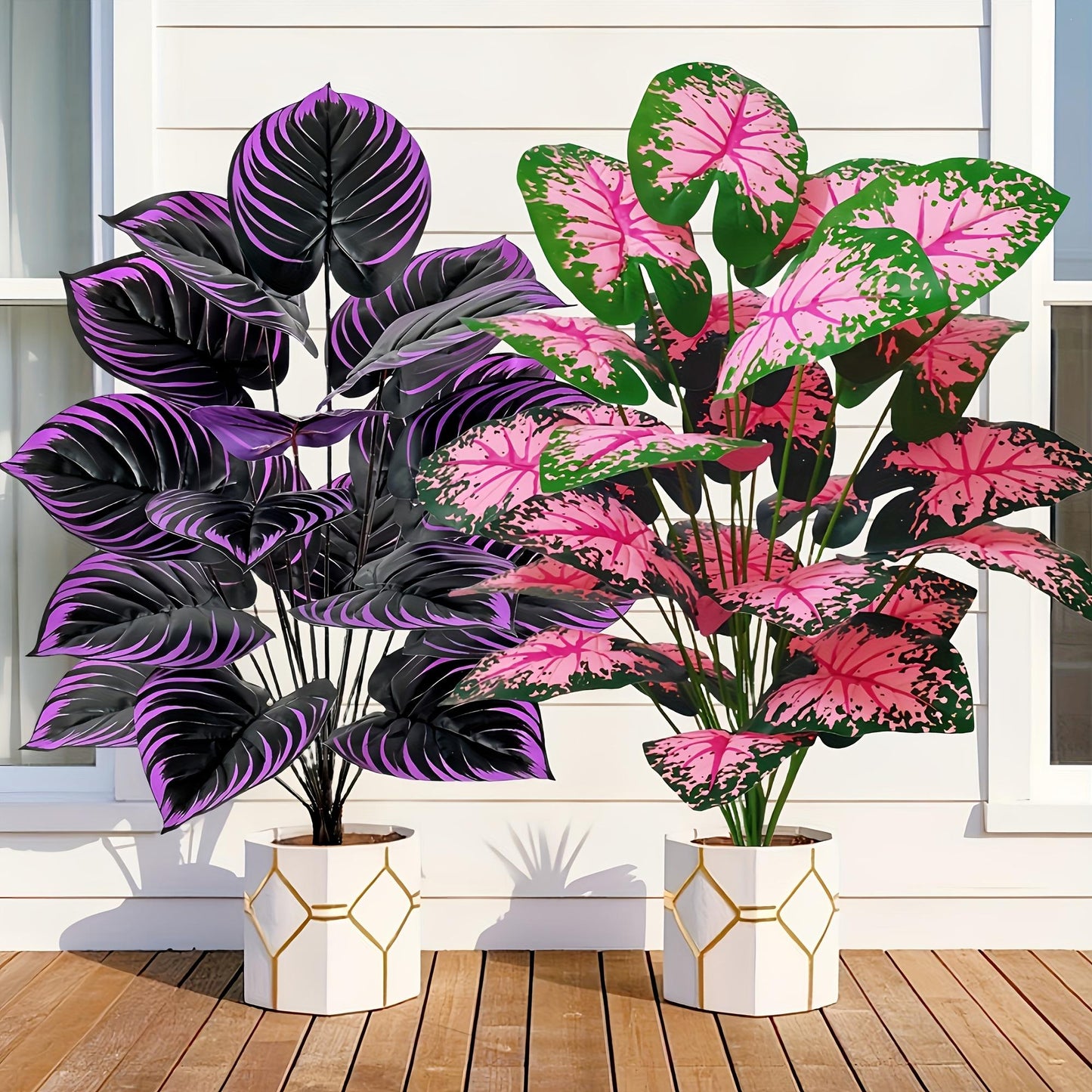 Faux Bonsai Artificial Caladium Plants, Purple Pink Leaf, Floor Decor for Home and Office