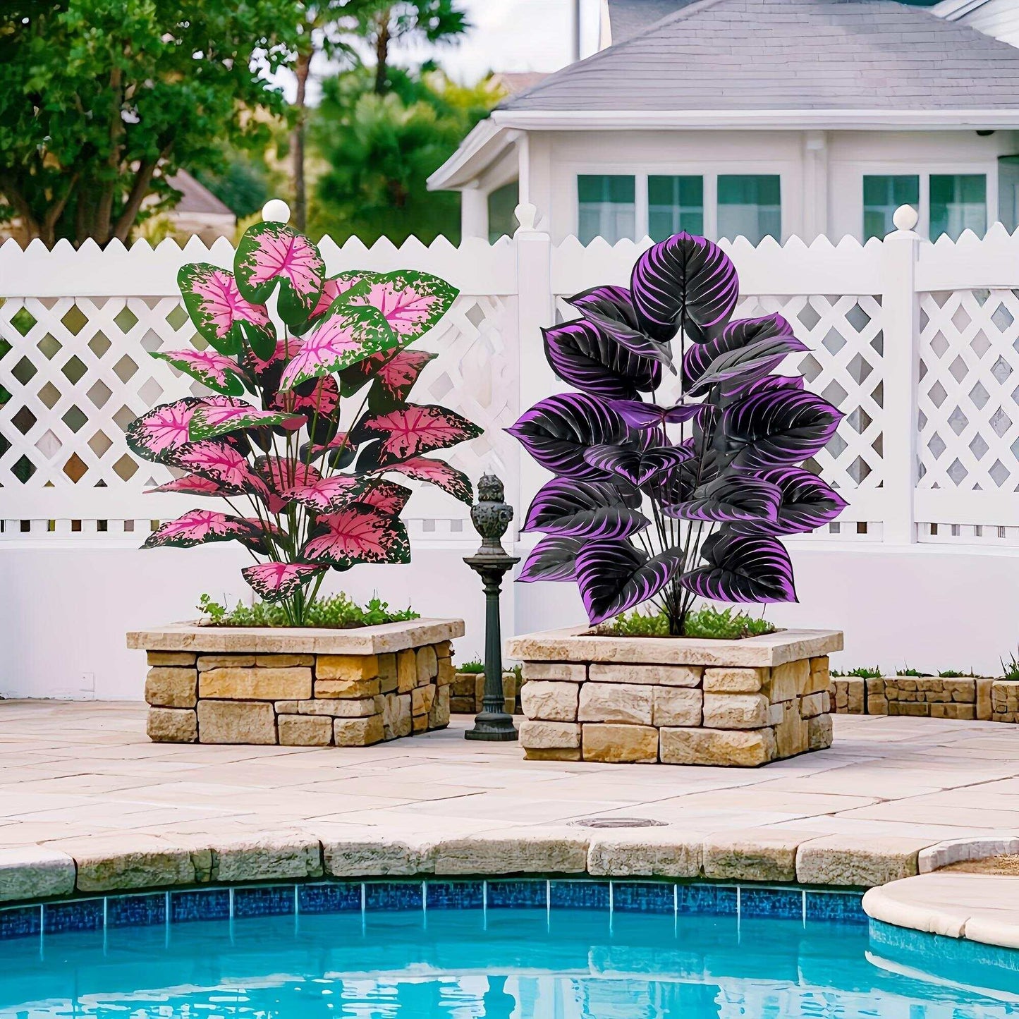 Faux Bonsai Artificial Caladium Plants Purple Pink Leaf Floor Decor For Home And Office 3