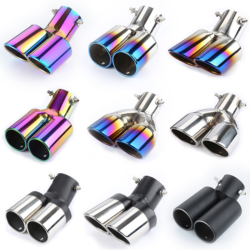 Car Universal Stainless Steel Exhaust Pipe, Double Pipe Tail, One To Two Grilled Blue Modification