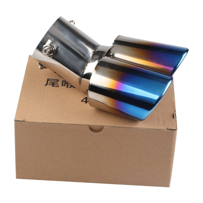 Car Universal Stainless Steel Exhaust Pipe Double Pipe Tail One To Two Grilled Blue Modification 1
