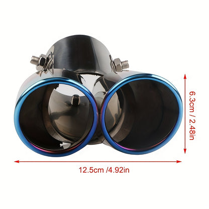 Car Universal Stainless Steel Exhaust Pipe Double Pipe Tail One To Two Grilled Blue Modification 3