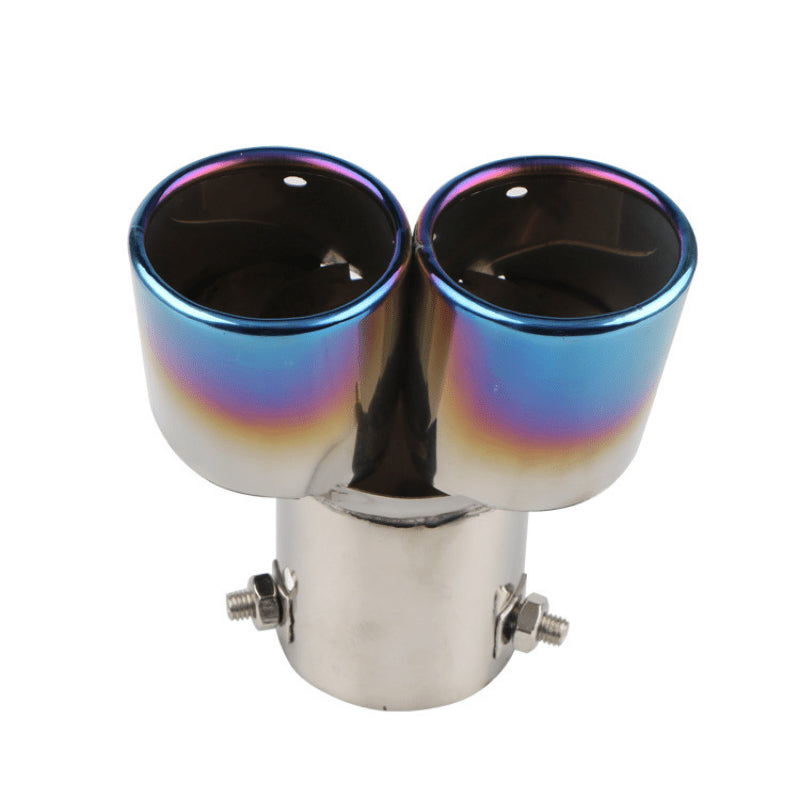 Car Universal Stainless Steel Exhaust Pipe Double Pipe Tail One To Two Grilled Blue Modification 4