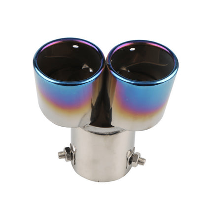 Car Universal Stainless Steel Exhaust Pipe Double Pipe Tail One To Two Grilled Blue Modification 4