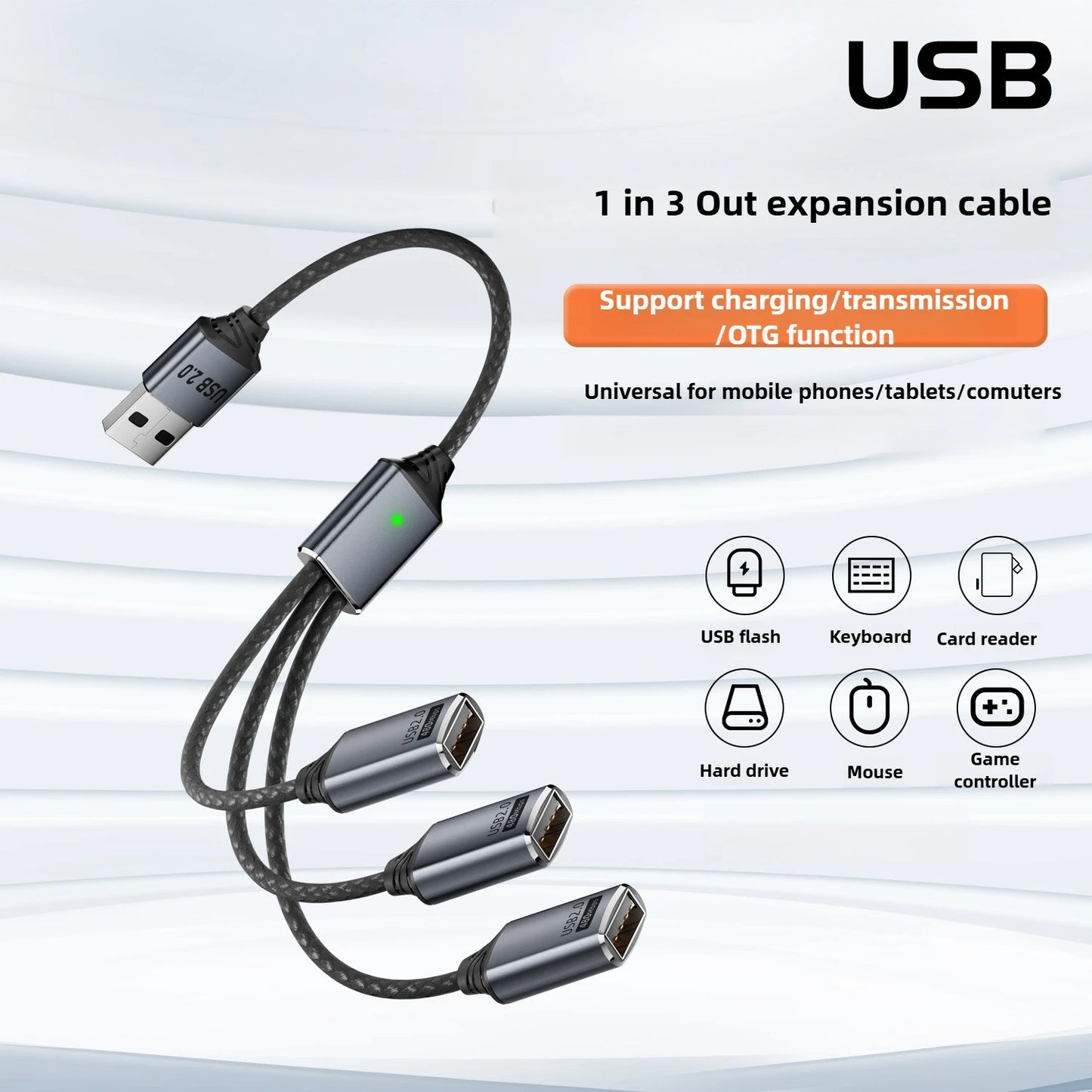 USB HUB Splitter Cable for Charging, Data Transfer, Type-C to USB Adapter with USB Flash OTG Support
