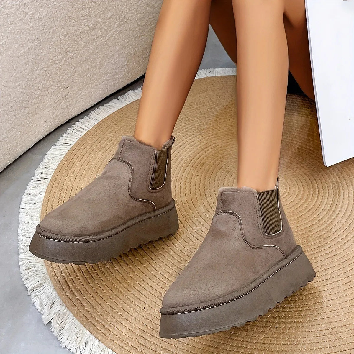 New Suede Fur Winter Women Short Plush Snow Boots Chelsea Ankle Boots Casual Shoes Flats Platform L 4