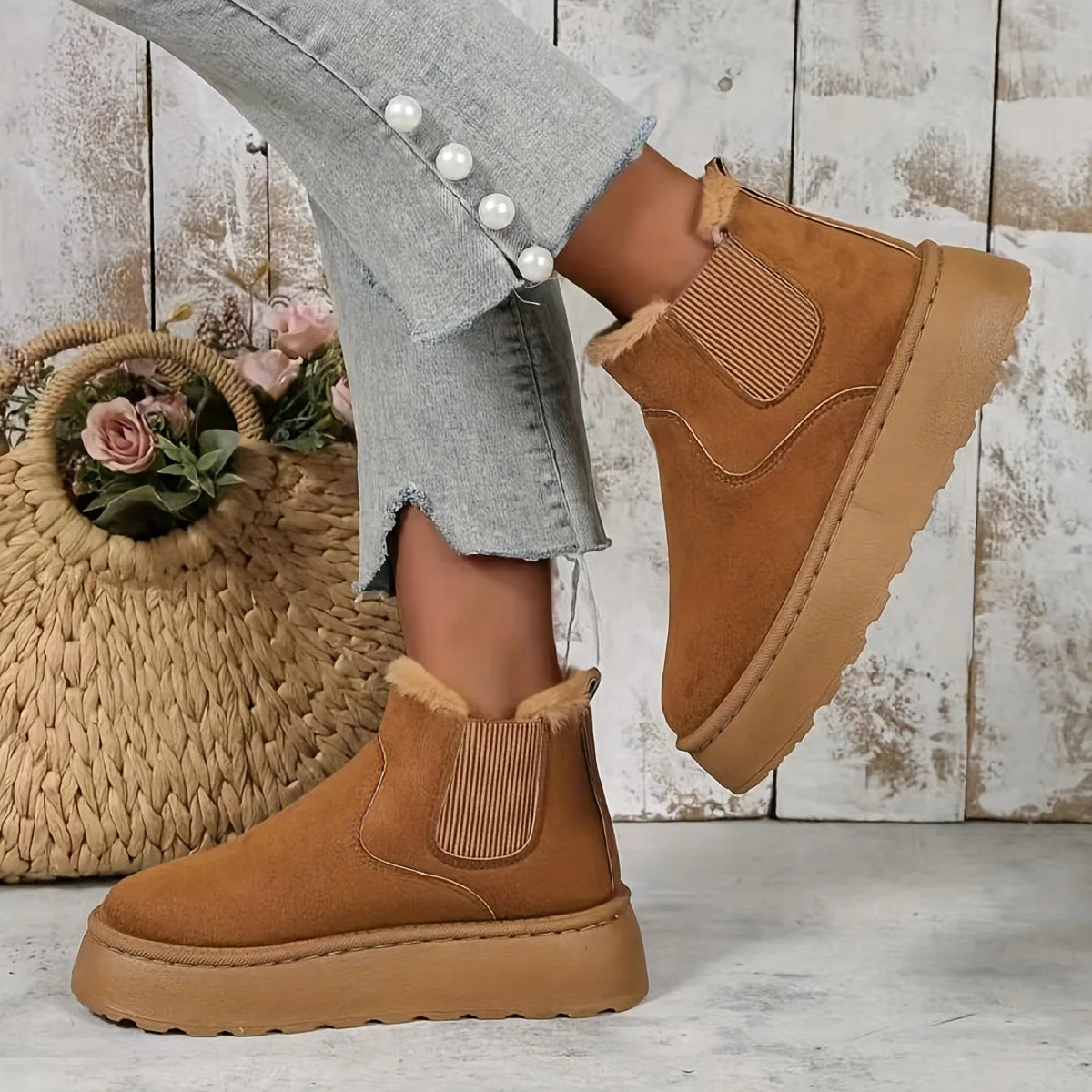 New Suede Fur Winter Women Short Plush Snow Boots Chelsea Ankle Boots Casual Shoes Flats Platform L 8