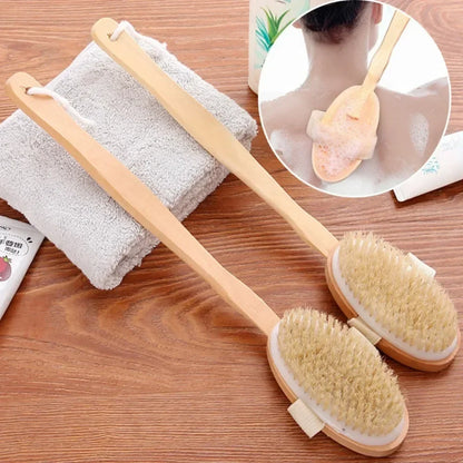 Natural Bristle Back Scrubber Shower Brush with Detachable Wooden Handle, Dry Skin Exfoliating Body Massage Bath Brushes