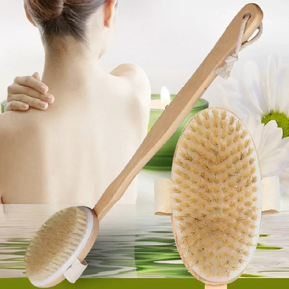 Natural Bristle Back Scrubber Shower Brush With Detachable Wooden Handle Dry Skin Exfoliating Body  2