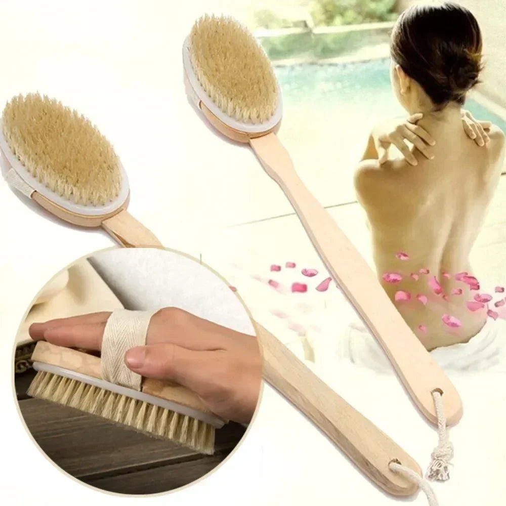 Natural Bristle Back Scrubber Shower Brush With Detachable Wooden Handle Dry Skin Exfoliating Body  3