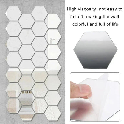Hexagon Acrylic Mirror Wall Sticker Removable DIY Bathroom Tiles Gold Silver Mosaic Home Decor 3
