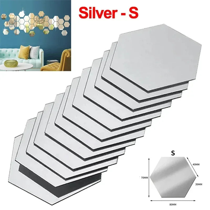 Hexagon Acrylic Mirror Wall Sticker Removable DIY Bathroom Tiles Gold Silver Mosaic Home Decor 6