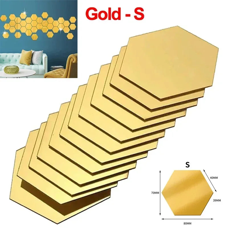 Hexagon Acrylic Mirror Wall Sticker Removable DIY Bathroom Tiles Gold Silver Mosaic Home Decor 10