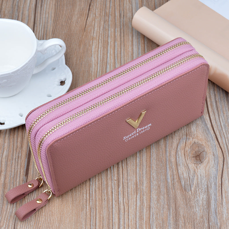 Large Capacity Women Double Zipper Long Wallet PU Leather Money Clutch Cell Phone Bag Credit Cards  8