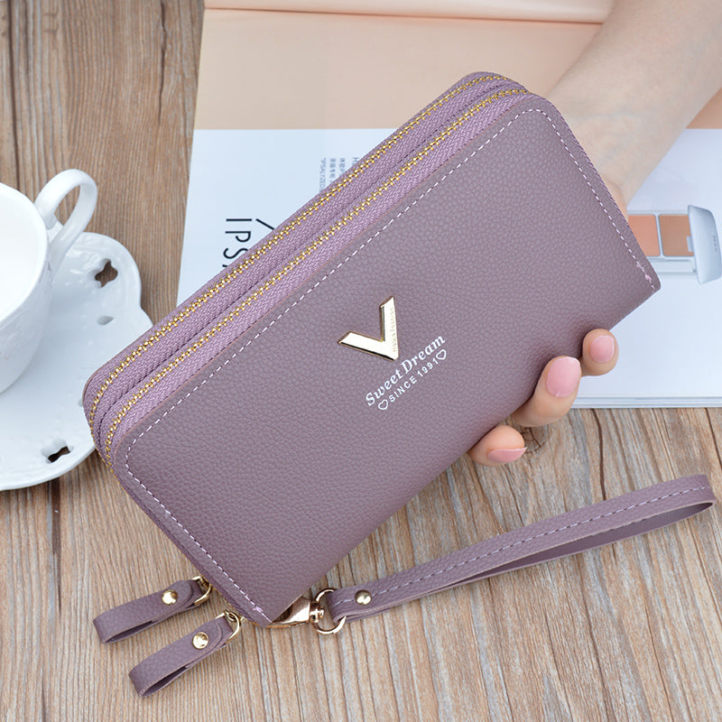 Large Capacity Women Double Zipper Long Wallet PU Leather Money Clutch Cell Phone Bag Credit Cards  1