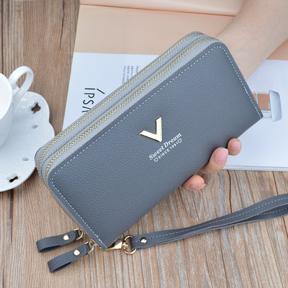 Large Capacity Women Double Zipper Long Wallet PU Leather Money Clutch Cell Phone Bag Credit Cards  3