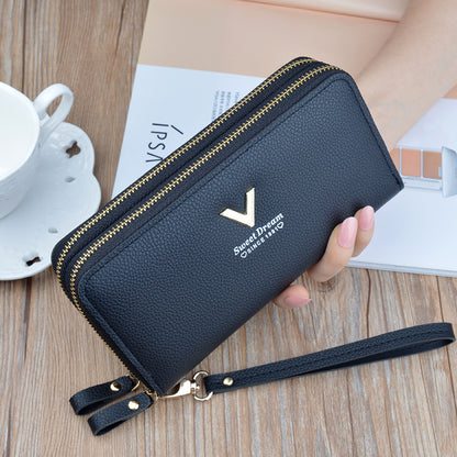 Large Capacity Women Double Zipper Long Wallet PU Leather Money Clutch Cell Phone Bag Credit Cards  5