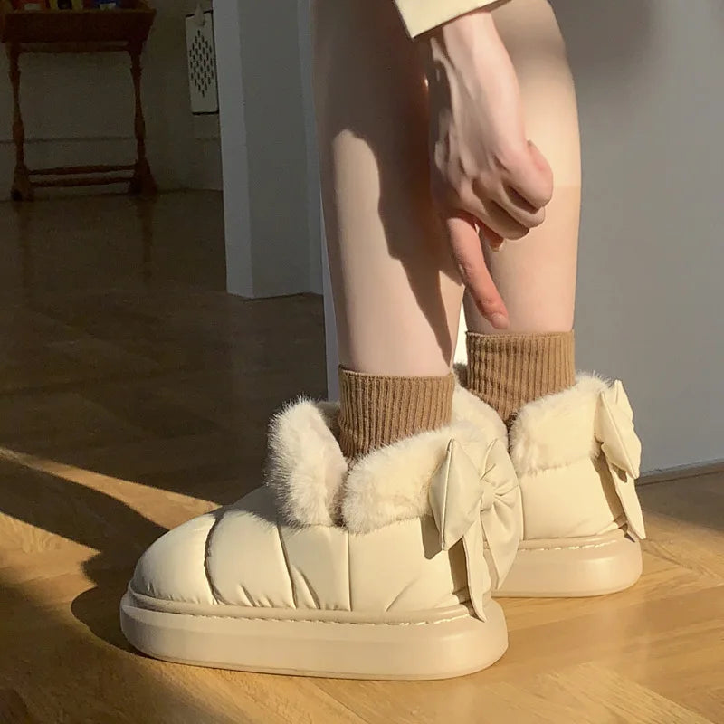 Cute Warm Ankle Boots Waterproof Down Cloth Winter Womens Snow Boots Plush Bow Cotton Shoes Short B 2