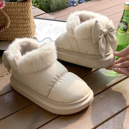 Cute Warm Ankle Boots Waterproof Down Cloth Winter Womens Snow Boots Plush Bow Cotton Shoes Short B 4