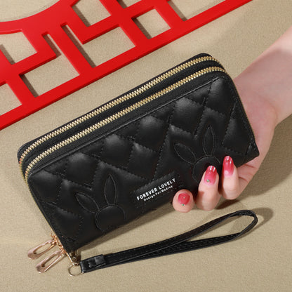 Womens Faux Leather Card Holder Trendy Solid Color Long Wallet Double Zippers Clutch Coin Purse Wit 1