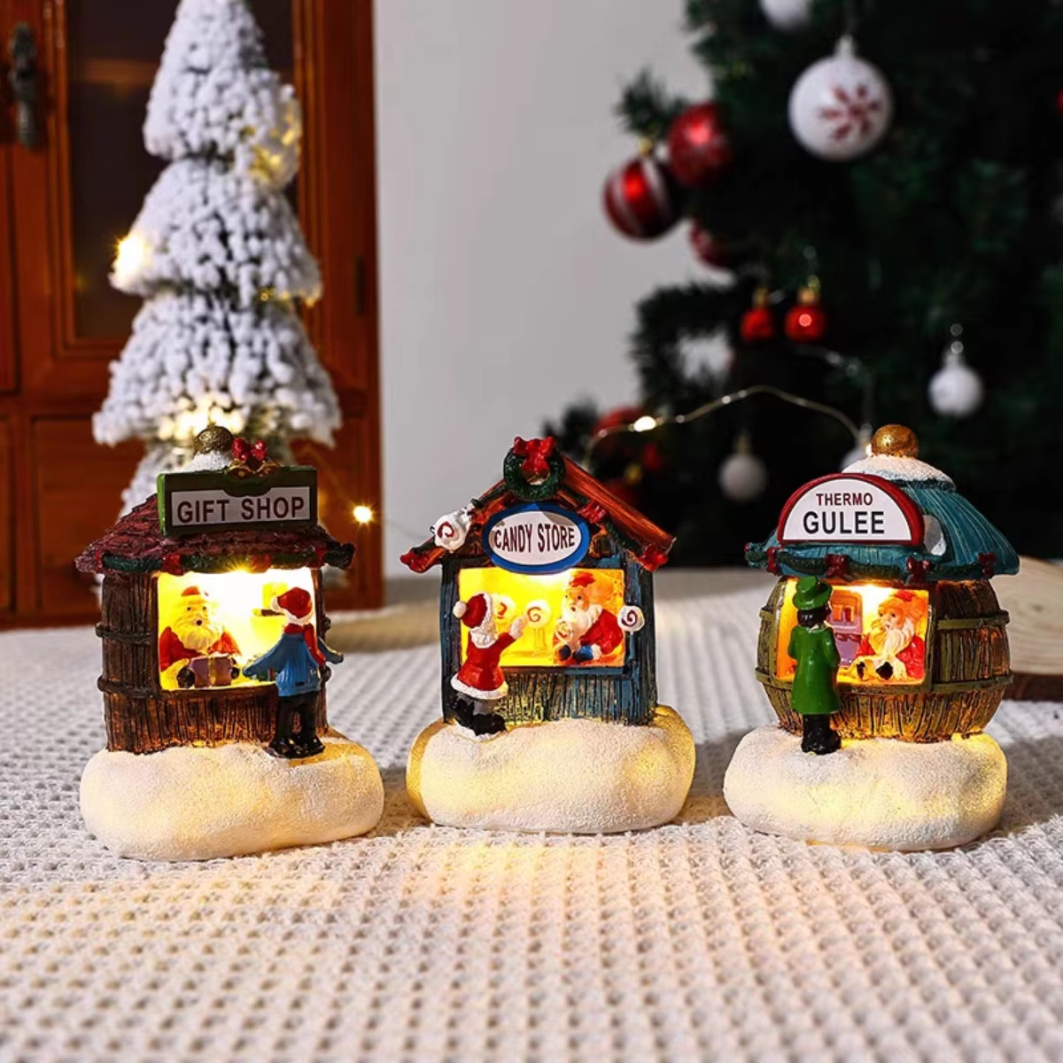 Resin Santa Claus Snowman Luminous Christmas LED House Pine Needles Snow Micro Landscape Ornaments 8